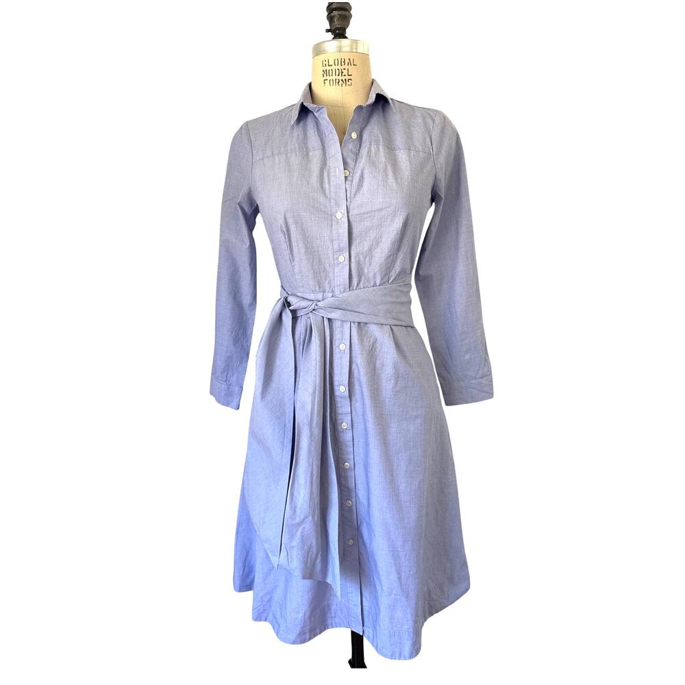 J Crew Tie-Waist Shirt Dress in Blue Cotton Size 6 - Picture 3 of 10
